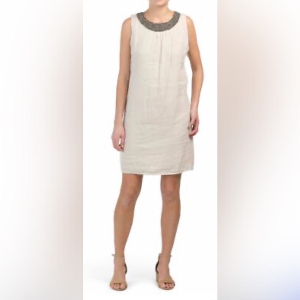 Lungo L’Arno Made in Italy Linen Beaded Neckline Shift Dress Size Small Natural
